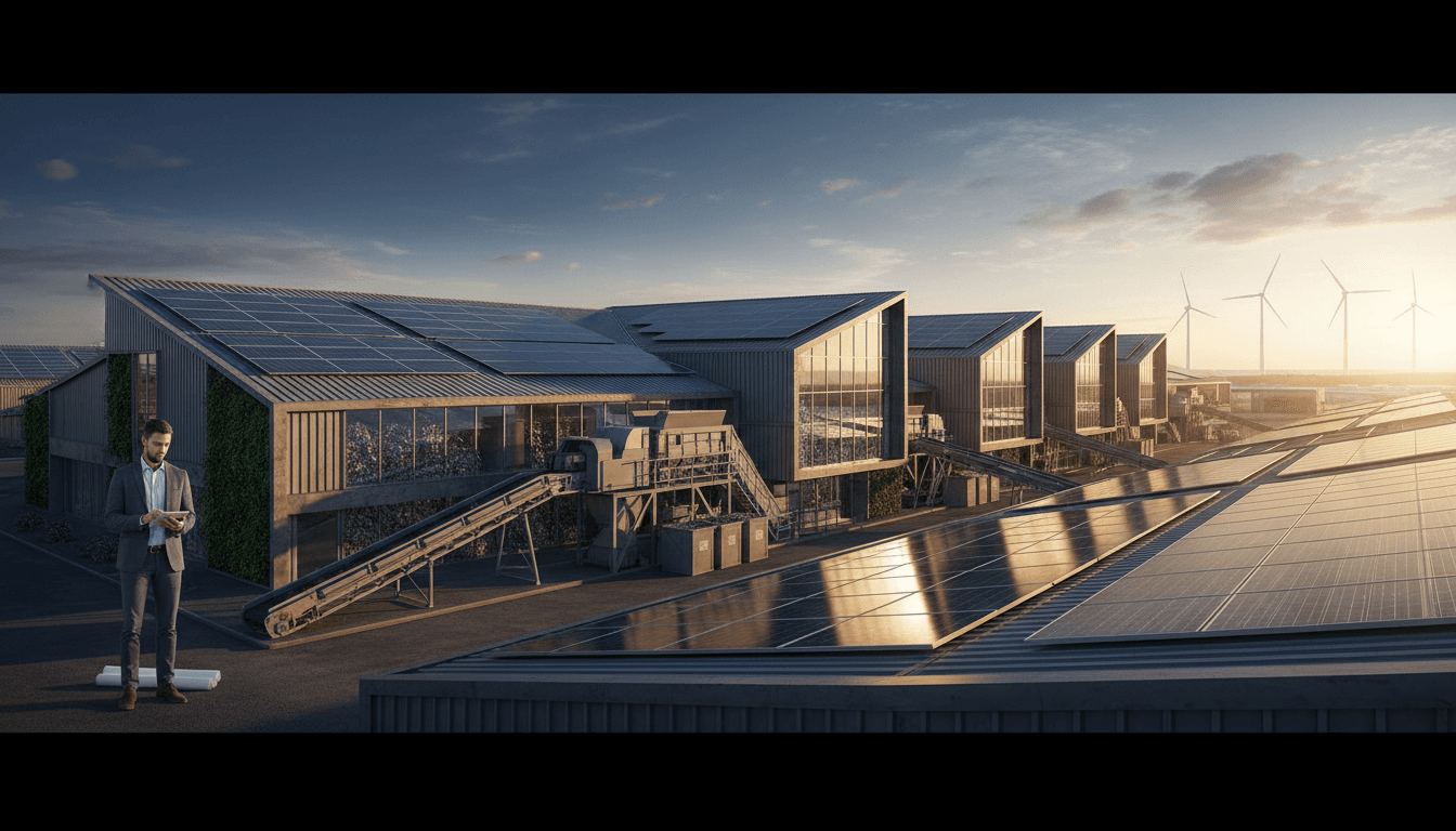 Modern industrial facility with sustainable infrastructure and solar panels