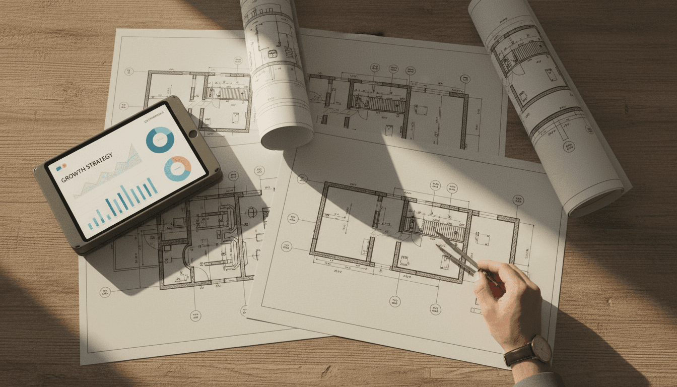 Platform-first investment strategy planning with blueprints and financial dashboards