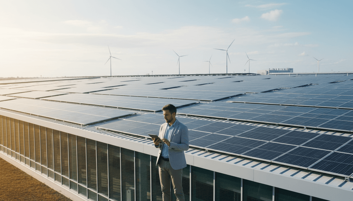 Professional reviewing sustainability metrics at a modern carbon-neutral industrial facility