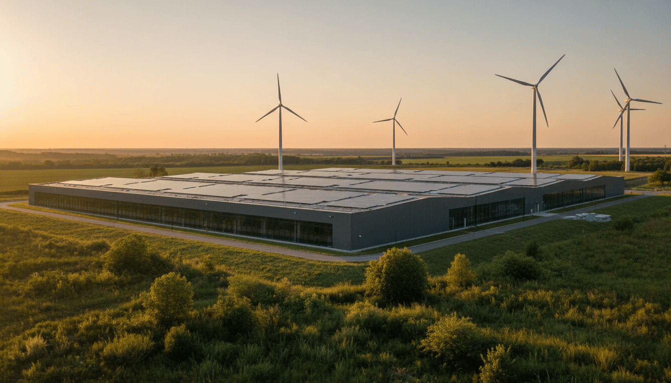 Sustainable industrial facility with renewable energy infrastructure at golden hour