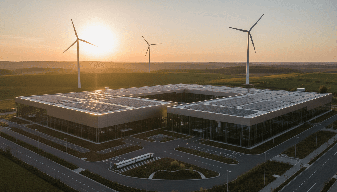 Modern sustainable industrial facility in Europe with renewable energy infrastructure