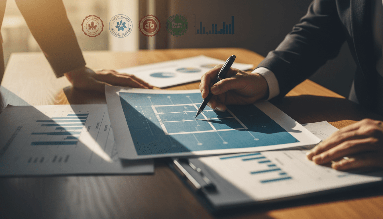 Close-up of impact investment documentation and sustainability planning materials
