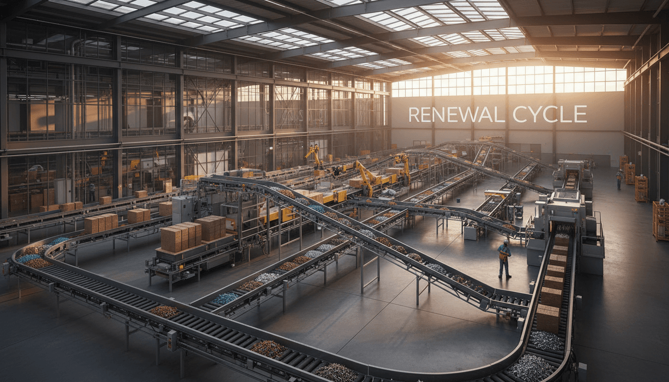 Modern circular economy facility with advanced recycling operations and material sorting systems