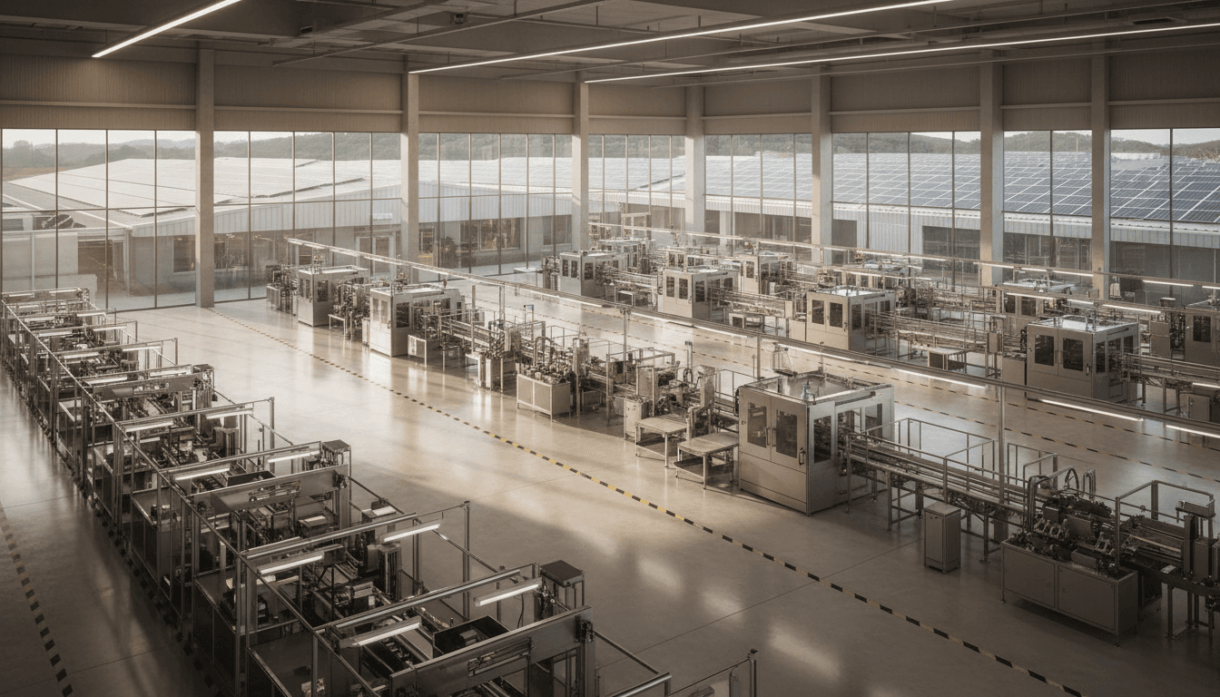 Modern sustainable industrial platform with integrated renewable energy infrastructure