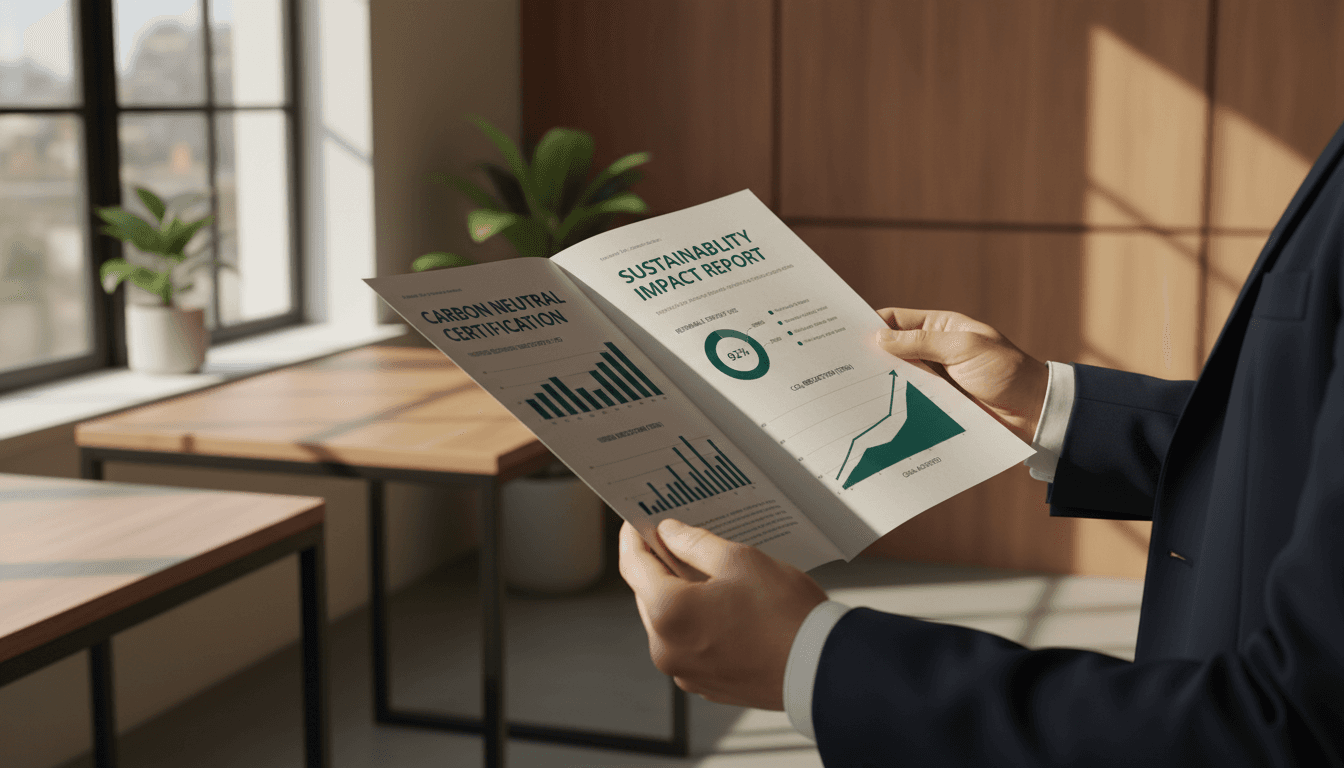 Hands holding sustainability impact documentation with climate metrics